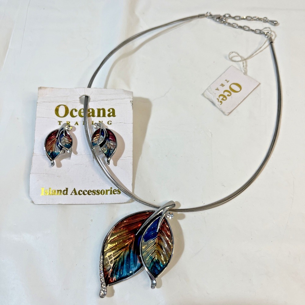 Vintage Oceana Trading Leaf Necklace & Earring Set NWT Coastal Boho